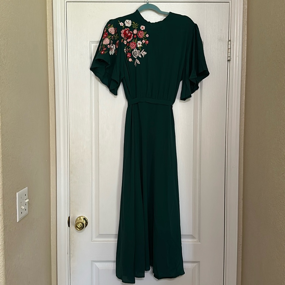 Backless green floral embroidered Dress